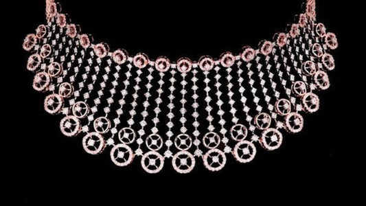 Modern Indian bridal rose gold diamond choker set with tiered diamond strands and geometric circular accents on a dark background.