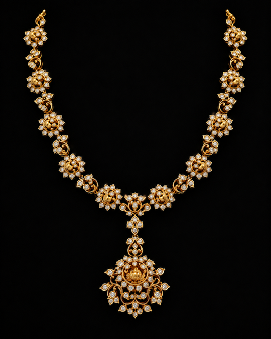 An Yellow gold necklace with a large central pendant, decorated with numerous small LAB GROWN DIAMOND  in floral and scroll motifs, displayed against a solid black background.