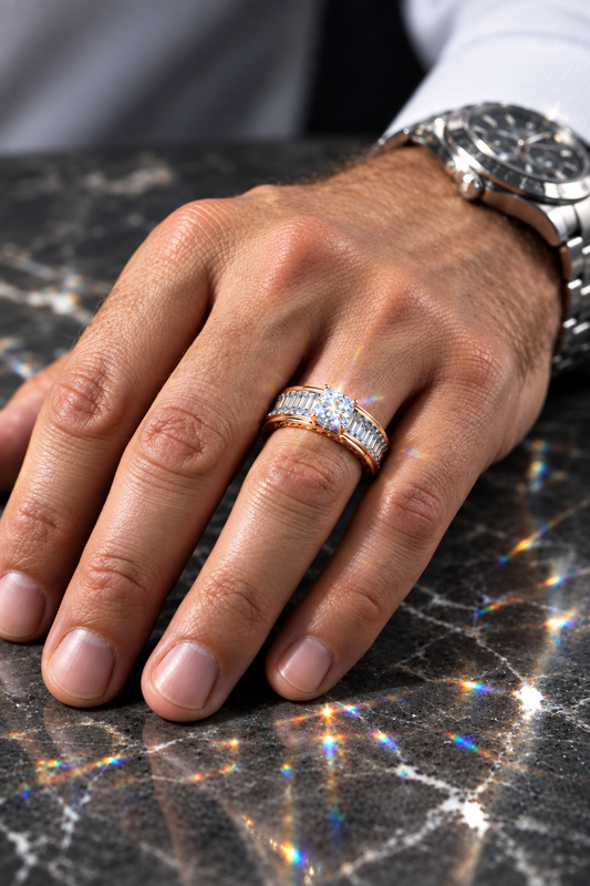 A close-up of a man's hand resting on a gray marble surface, wearing a silver band ring with a central clear gemstone and a thin rose gold band underneath. A silver watch is visible on his wrist.