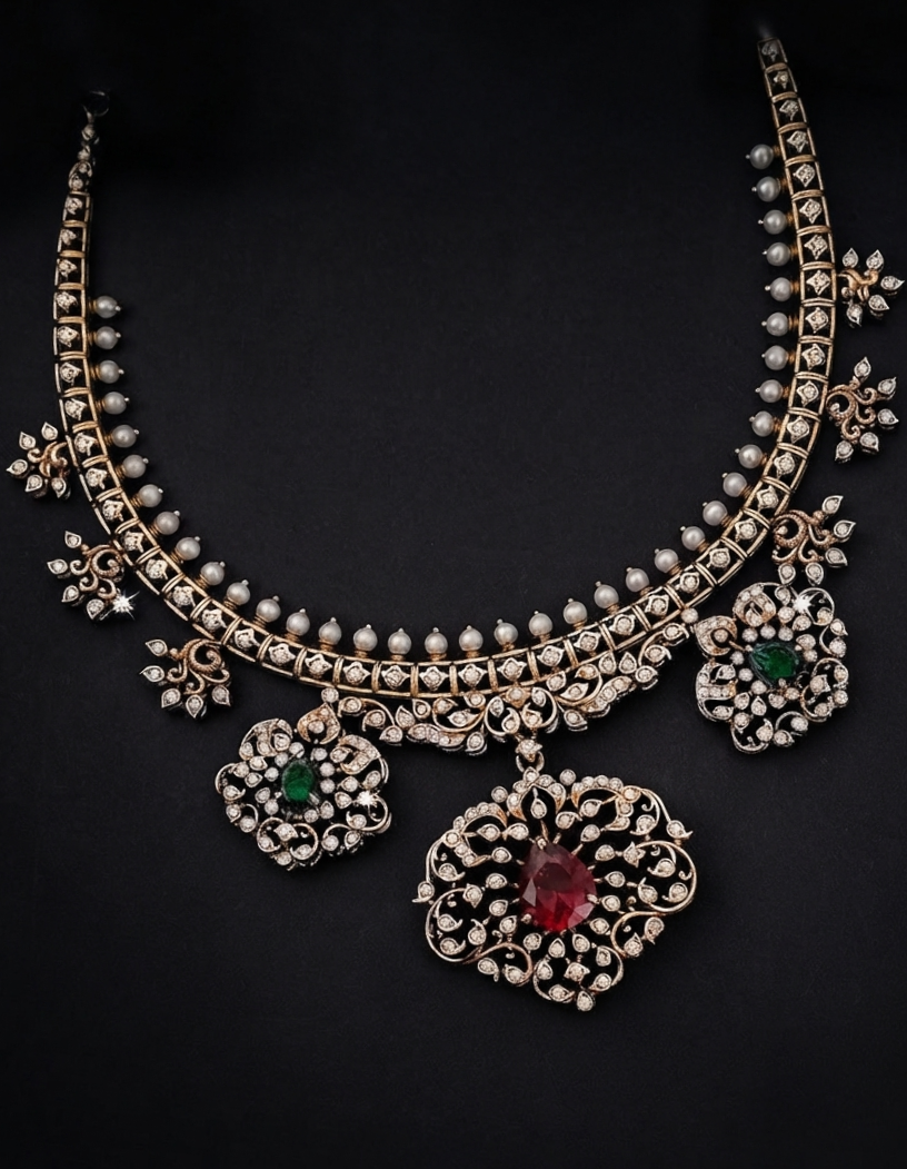 An ornate gold-toned traditional necklace with intricate filigree work, small white stones, and a large central red gemstone pendant, displayed on a black background.