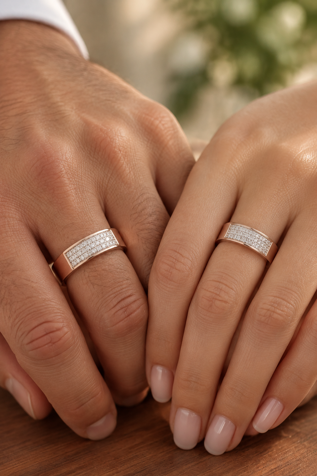A close-up of a hand wearing a rose gold ring with a textured, pave-set silver band, resting on a dark wooden table.