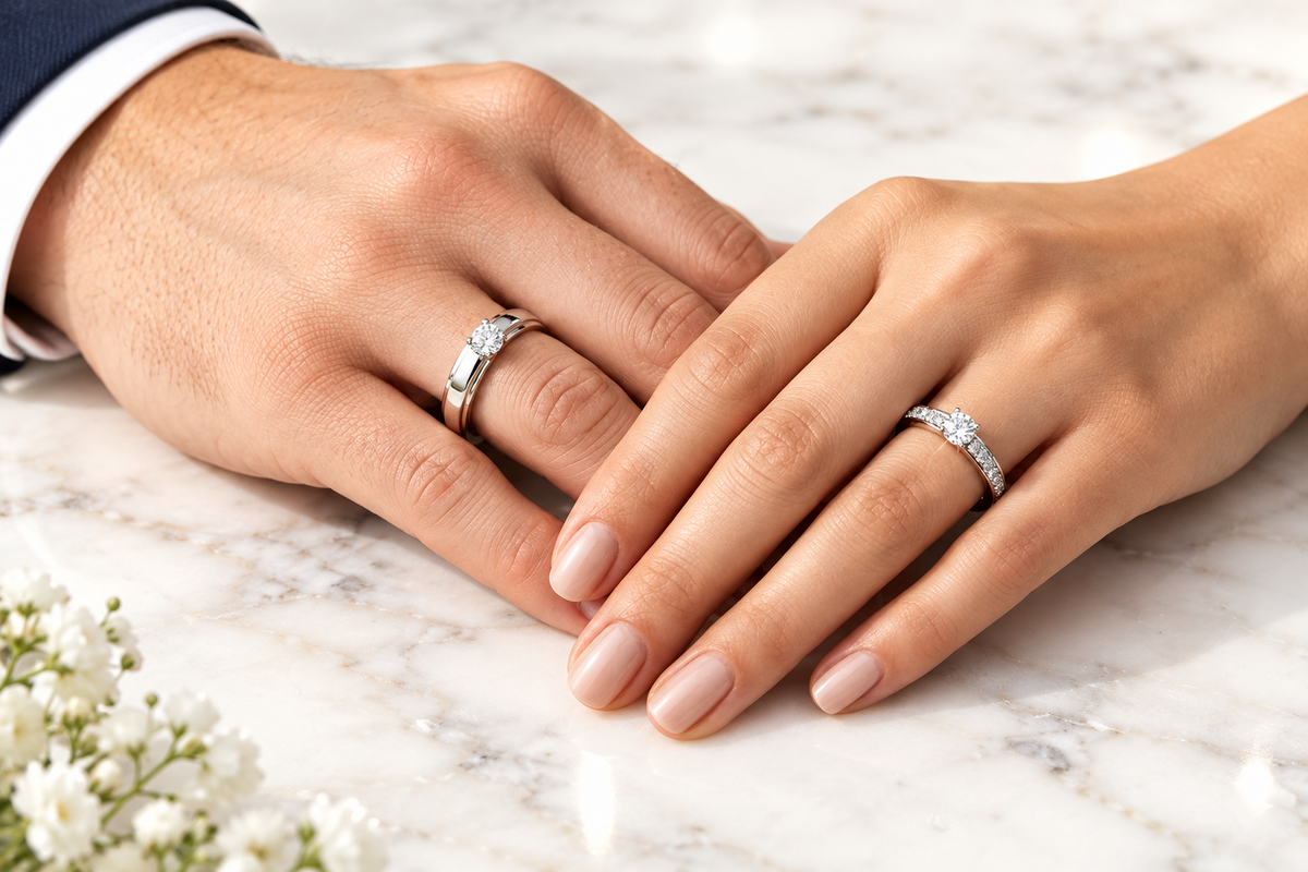 Two hands resting on a light marble surface, each wearing a silver-toned band ring with a round clear gemstone. The left hand wears a slightly more prominent ring, and a white dress shirt cuff is visible at the top left.