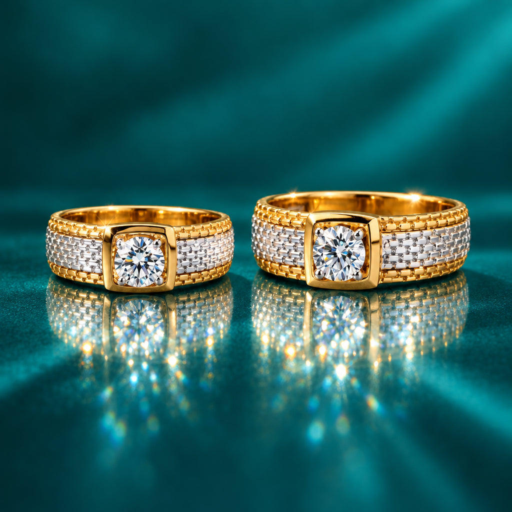Elevate your everyday style with the Regal Weave Diamond Band. Featuring a brilliant center diamond set against a finely textured two-tone gold design, this statement piece combines classic elegance with modern craftsmanship. Explore fine lab-grown jewelry online today!
