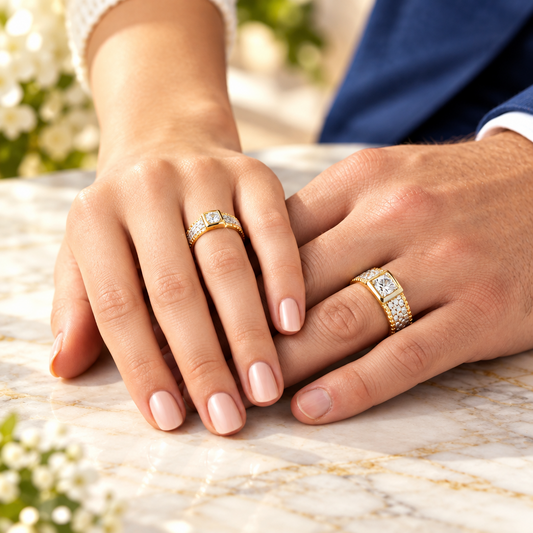 Two hands resting on a light marble surface, each wearing a gold ring with a rectangular clear gemstone and small pavé accents. The background shows a softly blurred person in navy clothing.