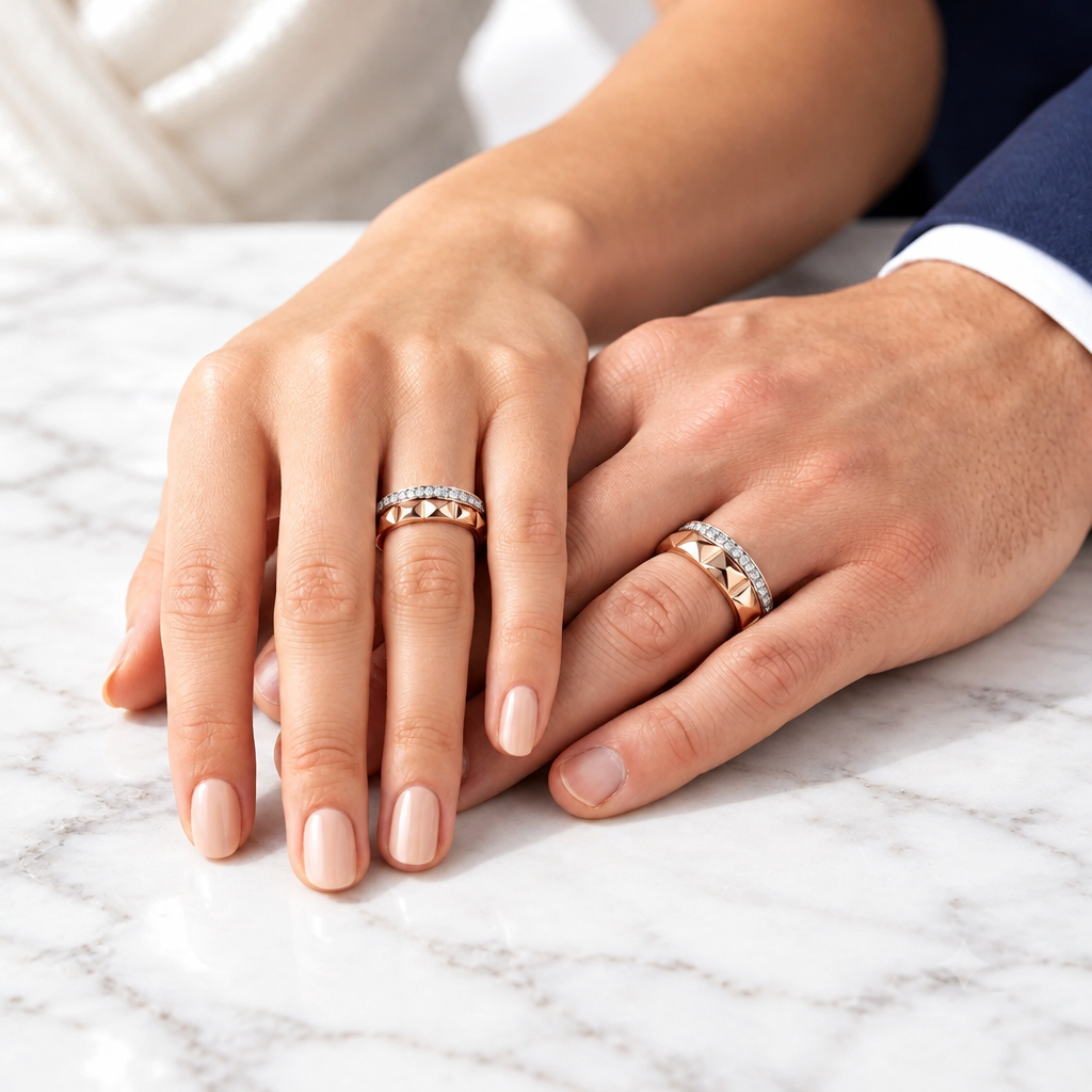 Two hands resting on a light marble surface, each wearing a geometric rose gold ring with small clear stones. The image is shot in a warm, elegant lifestyle setting.