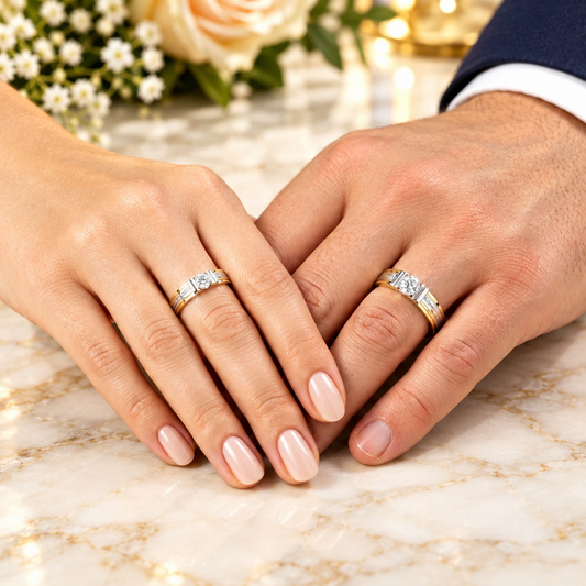 Two hands resting on a light marble surface, each wearing a slim silver ring with a small clear gemstone. The person is wearing a dark navy shirt and a white-cuffed sleeve.