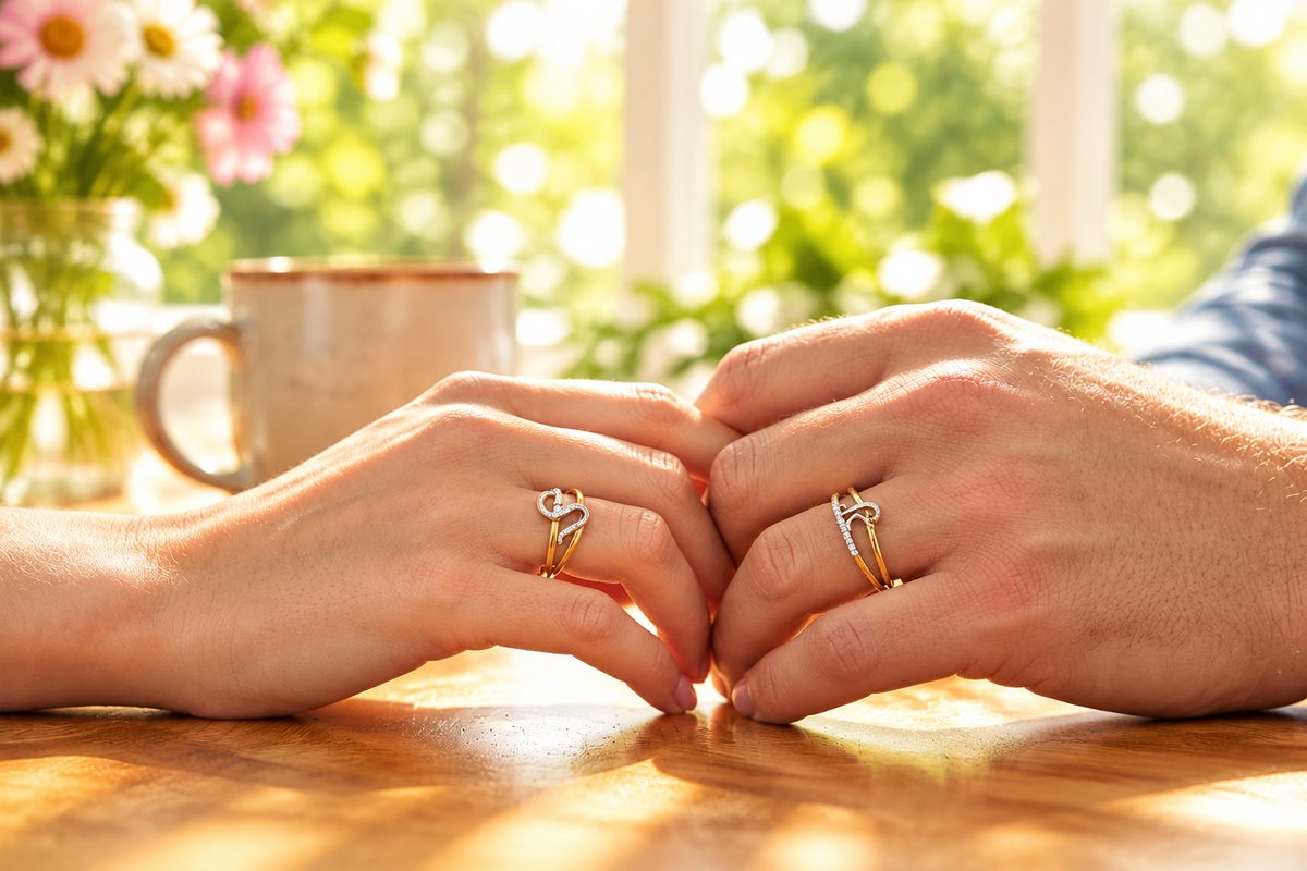 Two hands resting together on a wooden table, each wearing a gold ring with a clear gemstone, in a softly blurred indoor setting with a mug in the background.