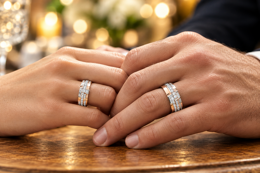 Two hands resting together on a wooden table, each wearing a silver-toned band ring with small clear stones, in a softly blurred indoor setting.