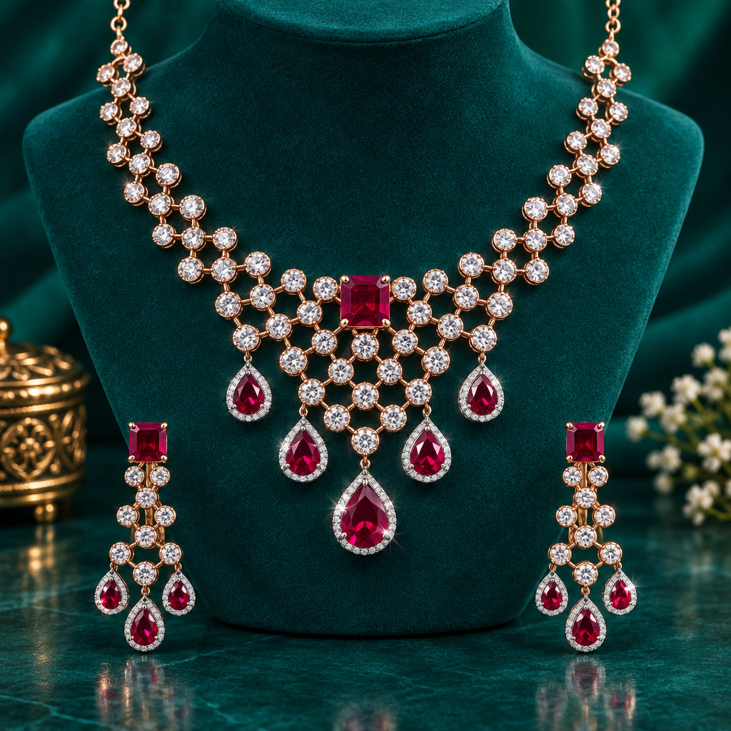 A necklace and earring set with a geometric pattern, featuring red ruby stones and gold-tone metal.