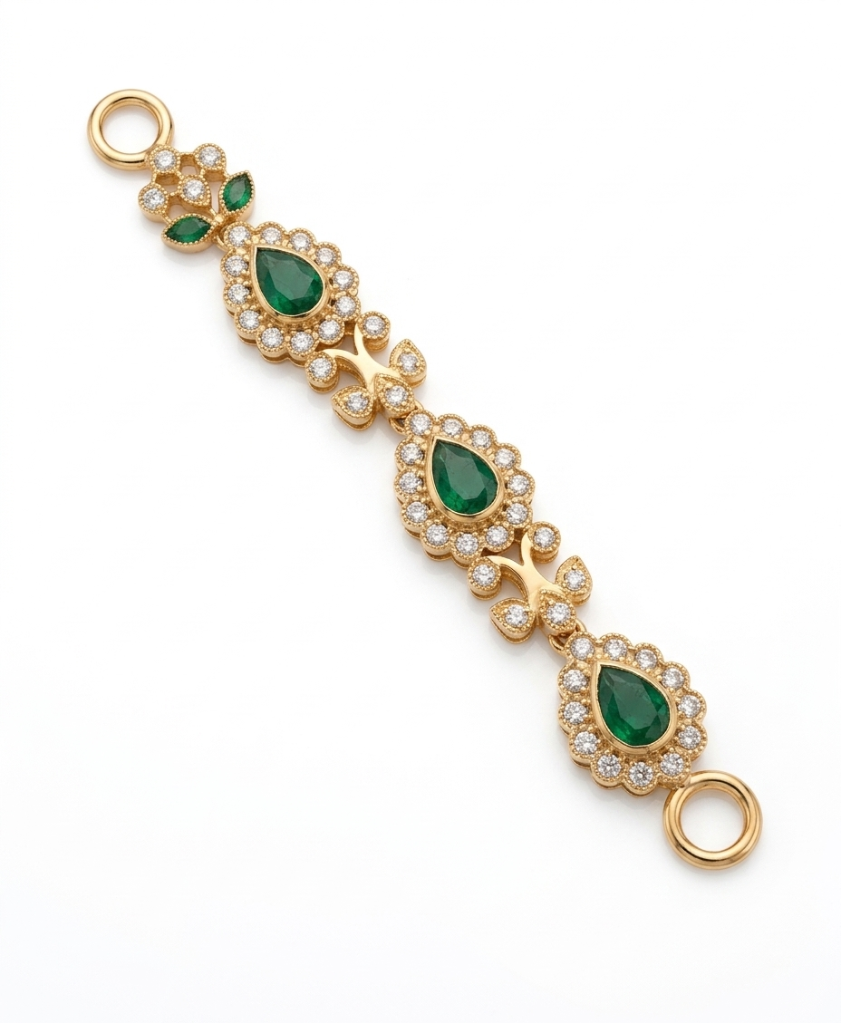 A gold link bracelet featuring three large green teardrop emerald-cut stones and three matching green leaf clusters, each surrounded by small clear stones, on a white background.