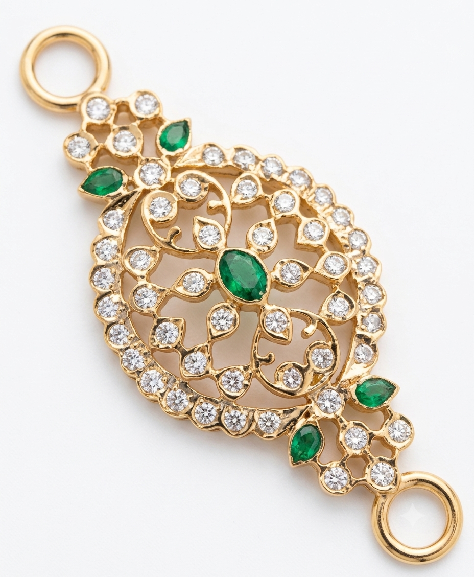 Gold filigree pendant with green emerald-cut gemstones and clear pavé-set round stones, shown on a white background.