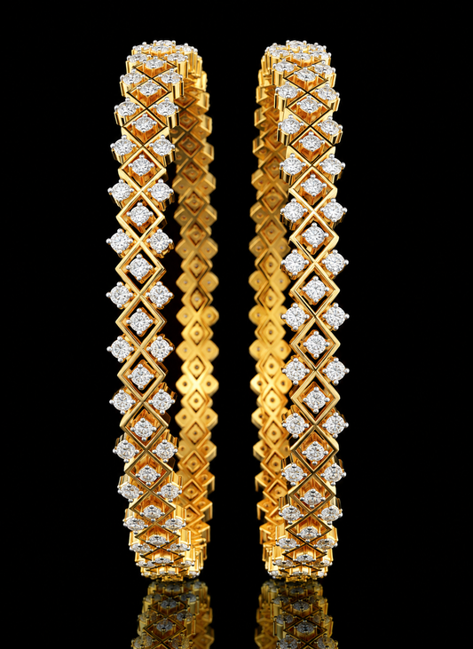 Pair of luxury gold bangles featuring a geometric diamond-shaped lattice studded with round brilliant diamonds.
