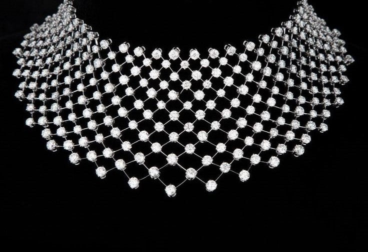 Broad white gold diamond choker necklace designed with a delicate criss-cross lattice structure and bezel-set round solitaire diamonds.