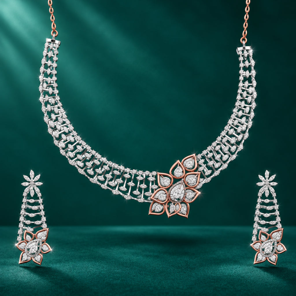 A designer diamond necklace set with floret motifs, accompanied by matching earrings, displayed against a white background.