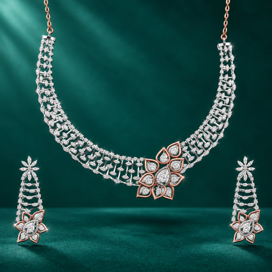 A designer diamond necklace set with floret motifs, accompanied by matching earrings, displayed against a white background.