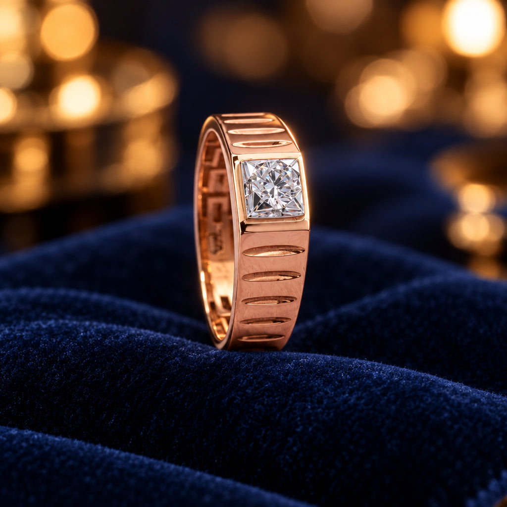 A mens diamond ring with a rose gold band and a central diamond.