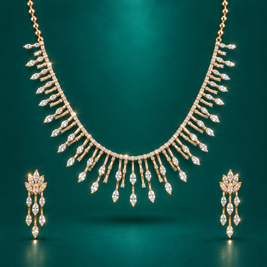 A diamond necklace with multiple points hanging from a chain, each point adorned with a small diamond.