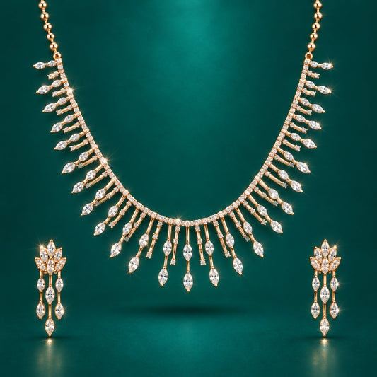 A diamond necklace with multiple points hanging from a chain, each point adorned with a small diamond.