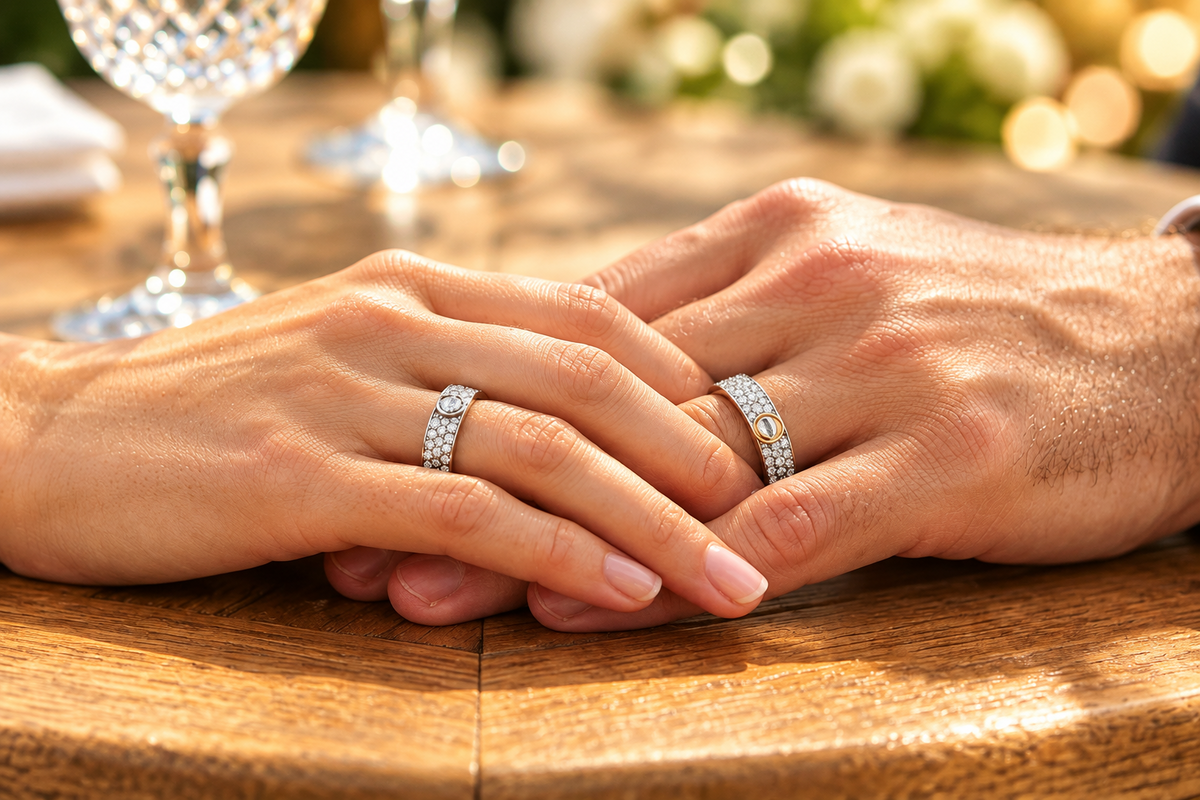 Two hands resting on a wooden table, each wearing a slim silver band ring set with small clear stones.