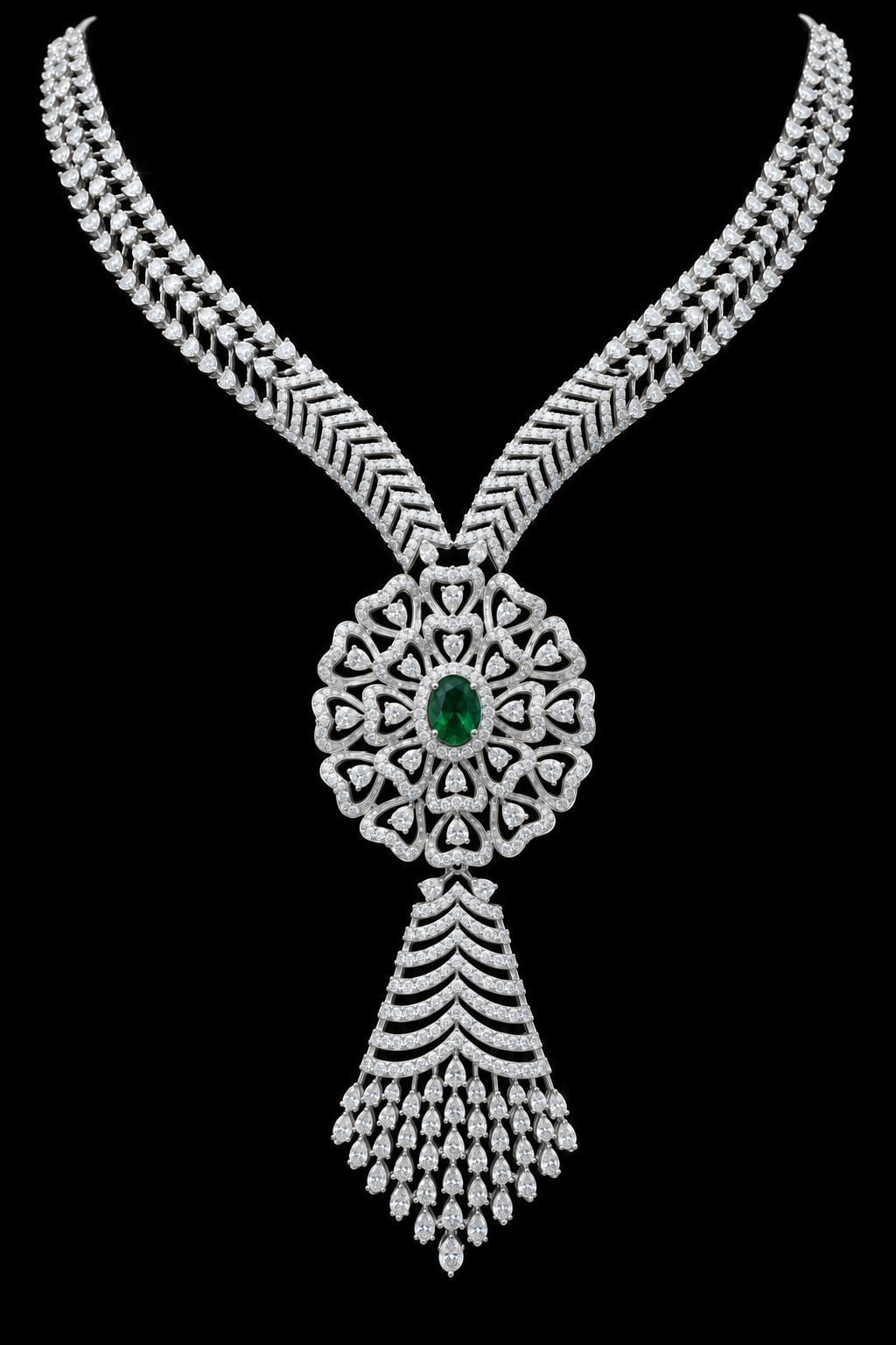 An ornate silver-toned necklace with a large circular pendant featuring a central green emerald and intricate diamond-like detailing, set against a solid black background.