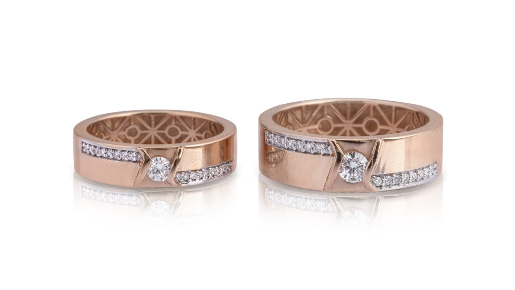 Beveled Edge Matte Wedding Couple Rings in 18K Rose Gold | HN JEWELRY